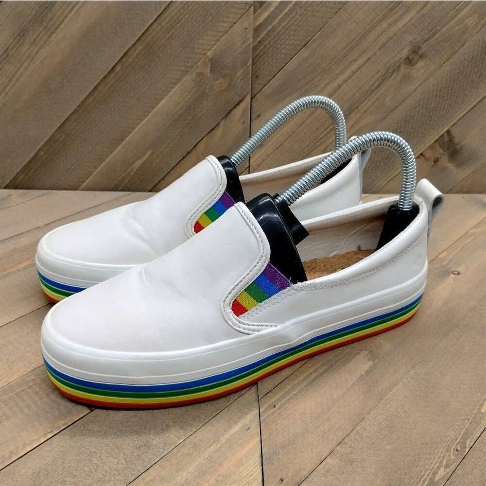 Sperry White Slip-On Sneakers with Rainbow Stripe Platform